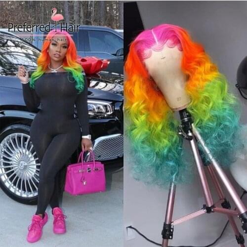 Preferred Rainbow Color Ombre Human Hair Wigs Red Orange Green13x4 Lace Front Wig Brazilian Remy Transparent Lace Wigs For Women