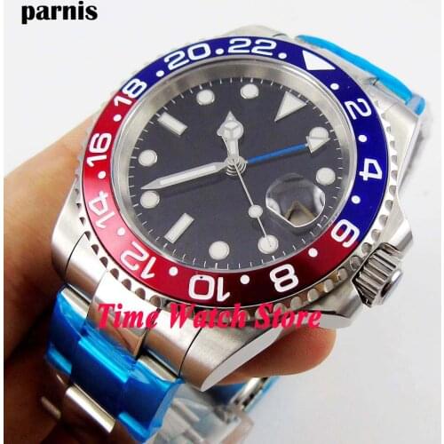 Parnis 40mm GMT 3804 Automatic mens watch Sapphire glass Luminous black dial red blue bezel SS bracelet 523
