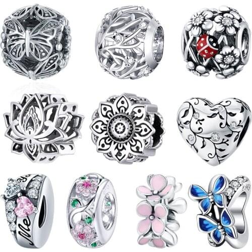 WOSTU Genuine 925 Sterling Silver Flowers Ladybug Bead Charm Pendant Fit Oringal Bracelet Bangle Women DIY Fine Jewelry Gift