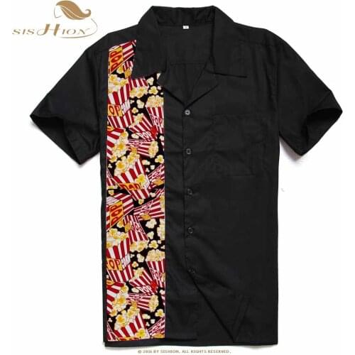 SISHION Button Up Mid-Century Inspired Men Shirt ST110 Short Sleeve Pocket Classic Retro Bowling Black Shirt camisa hombre
