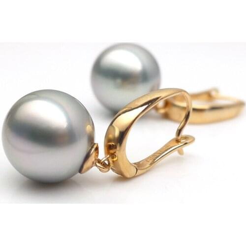 Free Shipping AAA 10.8MM Round Gray Real Tahitian Cultured Pearl Drop Earrings 18K Rose Gold