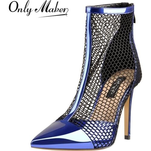 Onlymaker Women Fishnet Zipper Ankle Boots Pumps 10CM High Heels Sandals Sock Fashion Blue and Red ladies Booties Big Size