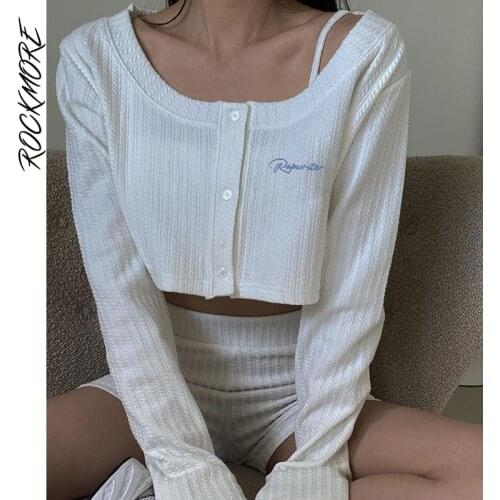 Rockmore Loose Long Sleeve Basic Crop Tops Womens T-Shirt Streetwear Korean Style Botton Up Female Shirt Autumn Casual Cardigan