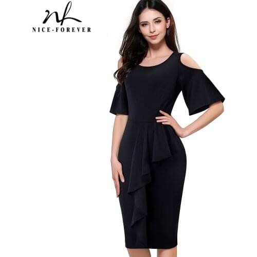 Nice-forever Summer Women Vintage Cold Shoulder Ruffle Dresses Casual Slim Sheath Tube Dress btyB396