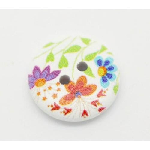50pcs 15mm Random Multicolor Flower 2 Holes Round Sewing Buttons Wooden Floral Printing Pattern Sweater Scrapbooking Decor Diy