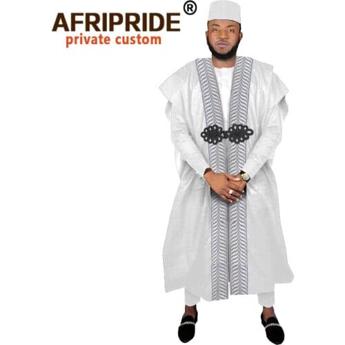 African Clothing for Men Agbada Robe Dashiki Shirt Print Pant Tribal Hat 4 Piece Set for Evening Wedding Suit AFRIPRIDE A2016021