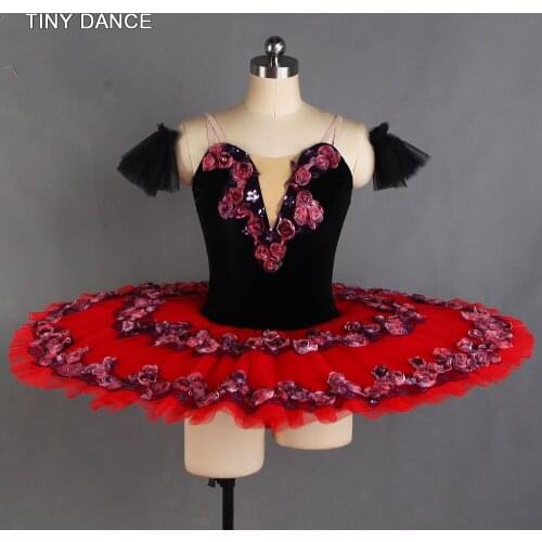 Pleated Tulle Professional Ballet Dance Tutu for Girls Stage Performance Solo Dress Black Velvet Bodice with Red Tutu BLL421