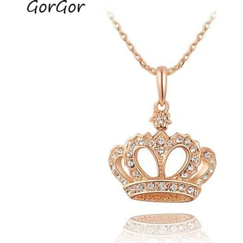 GorGor Necklace Women Alloy Material Pattern Crown Pendant Mosaic Crystal Rose Gold Plated Elegant Exquisite Jewelry 2030007410