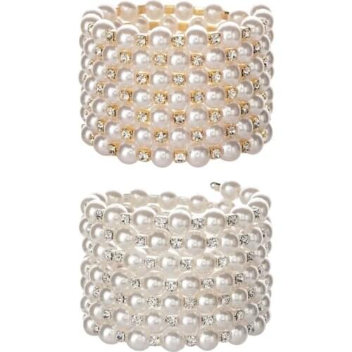 Wide Statement Beaded Bracelets Bangles for Women Rhinestones Pearl Adjustable Wristband Cuff Wedding Jewelry