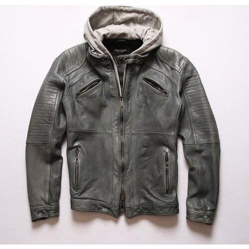 Japan fashion brand hooded genuine leather jacket men vintage sheepskin slim fit motorcycle jacket hat biker coat for male