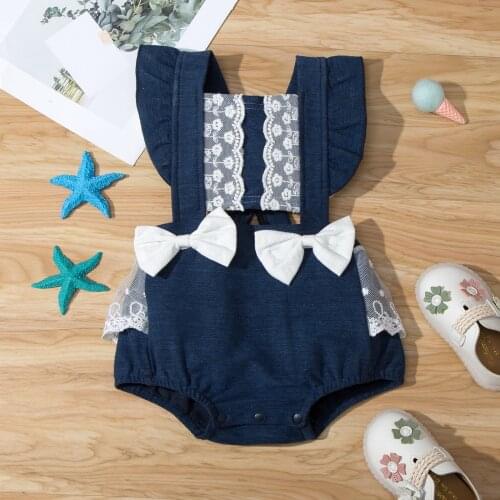 Summer Infant Baby Lace Denim Short Romper with Ruffles Sleeveless Jumpsuit Bow-knot Lovely Toddler Patchwork Playsuits Clothes