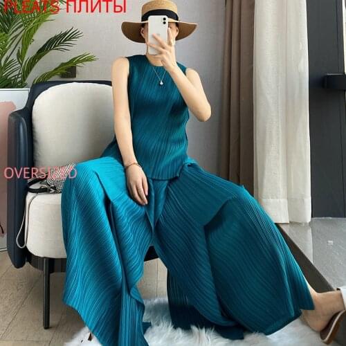 Miyake Pleated Trousers Top Two-piece Suit Spring/summer 2021 New PP Seaweed Series Pleats Trousers Set 2 Piece Set Women