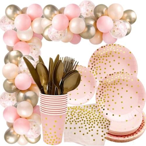 Pink Gold Party Disposable Tableware Set Paper Plates Cup Straws Napkin Balloon Garland Baby 1st Birthday Baby Shower Girl Decor
