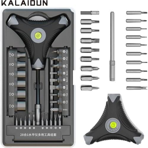 KALAIDUN 28 In 1 Screwdriver Set Magnetic Hex Socket Torx Phillips Slotted Screwdriver Bits Level Gauge Handle Repair Hand Tools