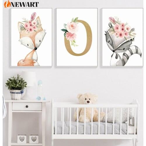 Custom Your Name Nursery Wall Art Print Flower Fox Nordic Poster For Kids Bedroom Decoration Picture Child Girl Bedroom Decor