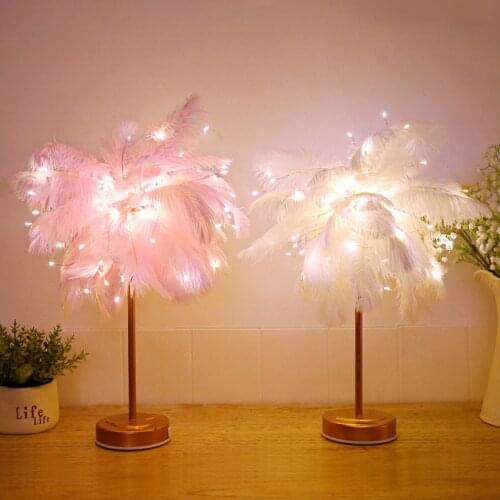Feather Table Lamp with Remote Control USB/AA Battery Power Desk Lamp Tree Feather Lampshade Night Light Fairy Desktop Art Deco