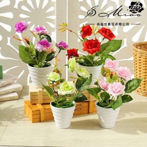 Desktop Artificial Decorations Plants Simulated Silk Mini Rose Flowers Bonsai With plastic Pots Flower Potted Ornaments