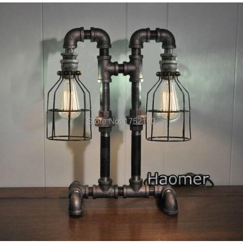 Newly Vintage LOFT industrial iron water pipe desk lamp 2 heads table lights iron cage lamp desk lights