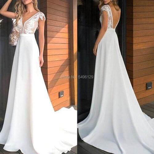 Charming A Line Wedding Dresses Satin Cap Sleeve Lace Appliques Bridal Dress Boho V Neck Wedding Gown Backless Vestido de Noiva