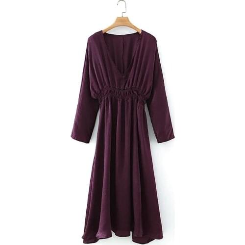 Women V Neck Long Sleeve Satin Midi Dress Female Elastic Waist Clothes Casual Lady Loose Vestido D6713
