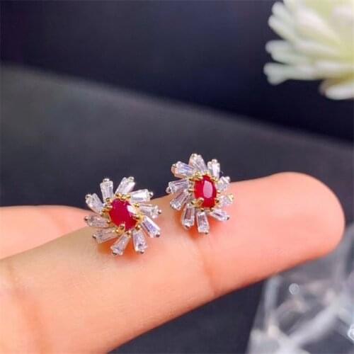 Myanmar Natural Ruby Rectangle Stud Earrings Real 925 Sterling Silver Red Stone Earrings Fine Charm Jewelry for Women