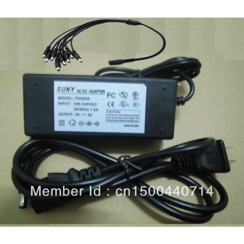 US Plug 5V 5A AC/DC Adapter Power Supply 8 Port Splitter Pigtail for CCTV