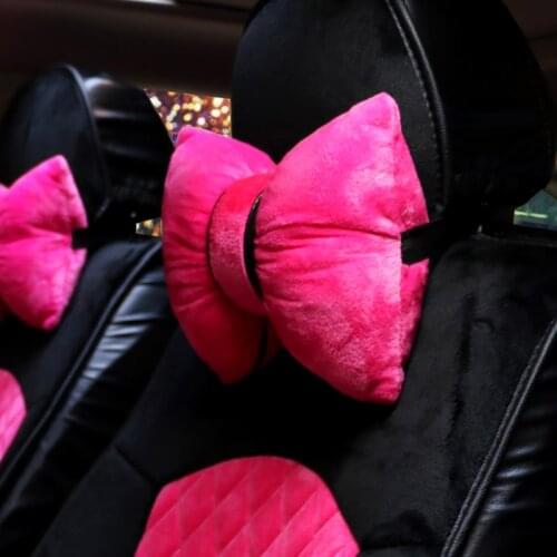 Cute Pink Purple Bow Pillow Car Head Neck Pillow Winter Plush Waist Supports Bow Seat Rest Back Lumbar For Girls Women