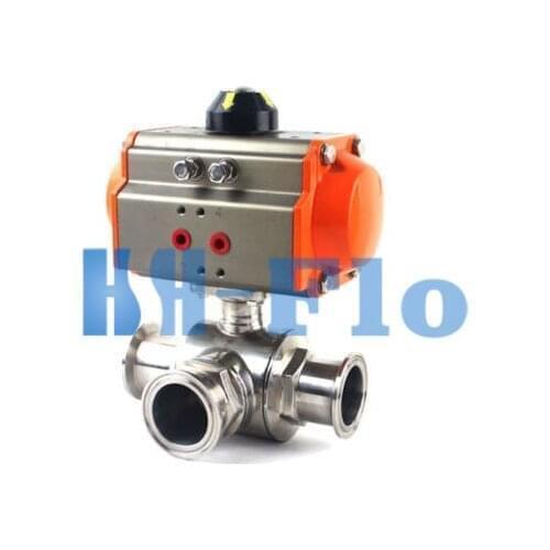 1" Sanitary Stainless 304 Three way T-port Tri-Clamp Pneumatic Ball Valve