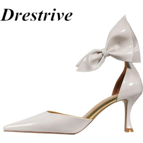 Drestrive Women Pumps Patent Leather Pointed Toe Thin Heels Butterfly Knot 2021 Summer High Heel Shoes Handmade Fashion