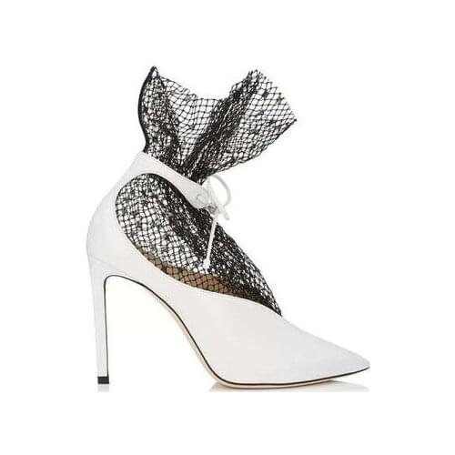 Woman Black White Suede Stiletto Banquet Dress Pointed Toe Single Shoes Female Lace Tie Short Tube Shallow Mouth Wedding Pumps