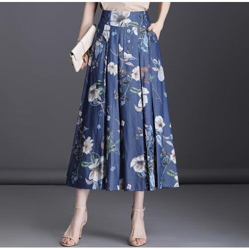Floral Printed Denim Skirts Female Mid-length Printing A-line Long Skirt Spring & Autumn High-waist Floral Pleated Skirt BSQ410