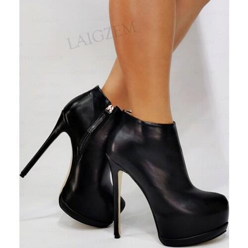 BERZIMER SUPER Women Ankle Platform Boots Zip Up Stiletto High Heels Booties Faux Leather Shoes Woman Black Big Size 41 42 47 52