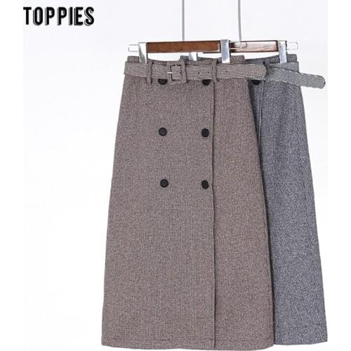 Toppies autumn winter women plaid midi skirts high waist woolen skirts front double breasted streetwear