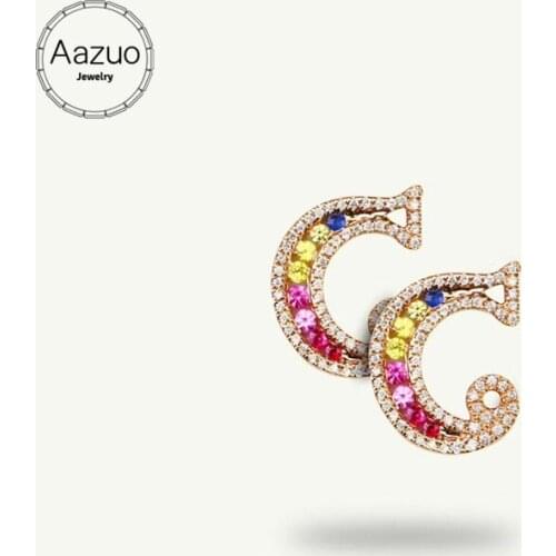 Aazuo 18K Jewelry Rose Gold Natural Coloured Gemstone Real Diamond Fashion Initial 26 Letters Stud Earring gift for Women Au750