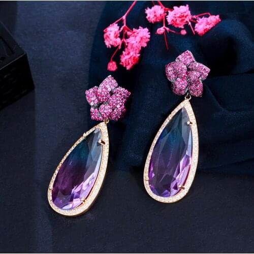 ThreeGraces Unique Rainbow Cubic Zirconia Lovely Flower Long Big Dangling Water Drop Earrings for Women Chic Prom Jewelry ER683