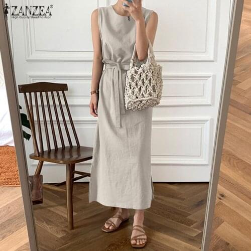 Womens Summer Sundress ZANZEA Casual Maxi Dress Kaftan Sleeveless Holiday Solid Vestidos Female O Neck Robe Femme Oversized