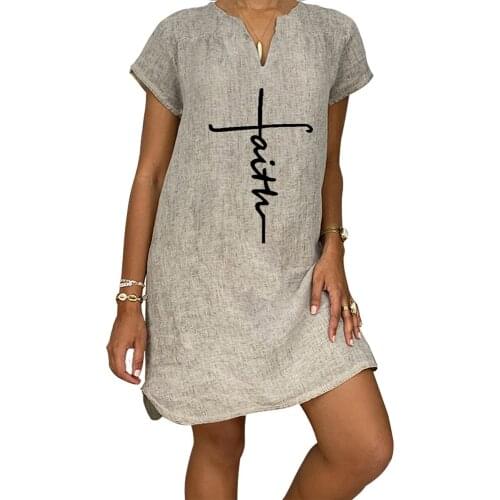 5XL Women Dress Cotton Linen Solid Short Sleeve Dress for Women Vintage Loose Women Clothing V Neck Casual Dresses