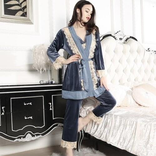 3 Pieces Night Gown Bride Sleepwear Robes Velvet Lace Custom Made Long Sleeves Women Gorgeous Sleepwear Dresses