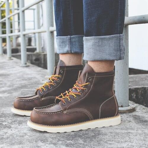 New Vintage British Handmade High Quality Men Shoes Ankle Boots Cow Leather Tooling Desert Motorcycle Boots Wings Platform Boots