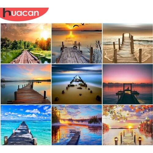 HUACAN Oil Painting By Numbers Bridge Scenery Frame Coloring By Numbers Sunset Landscape On Canvas DIY Home Decoration DIY Gift