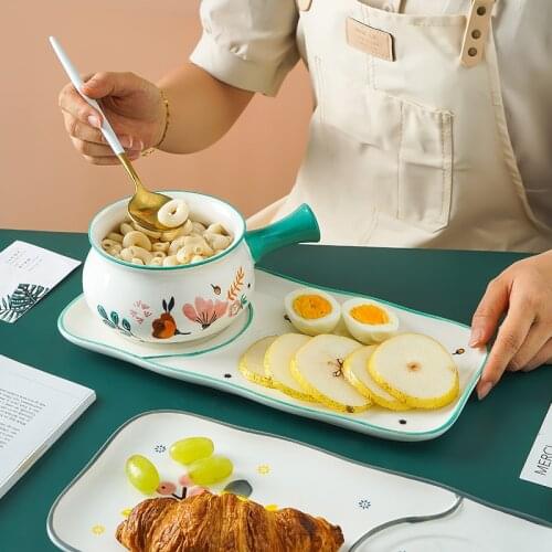 Flower Design Ceramic Salad Bowl Rectangle Plate Pasta Baking Bowl Breakfast Tableware (1 bowl with handle + 1 dinner plate)