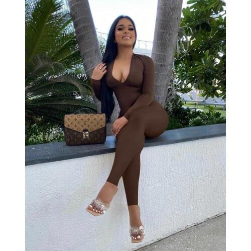 Women Jumpsuits Solid Full Sleeve V-neck Back Hollow Out Full Length Sheath Elastic Jumpsuit Summer Fall Women Outfits
