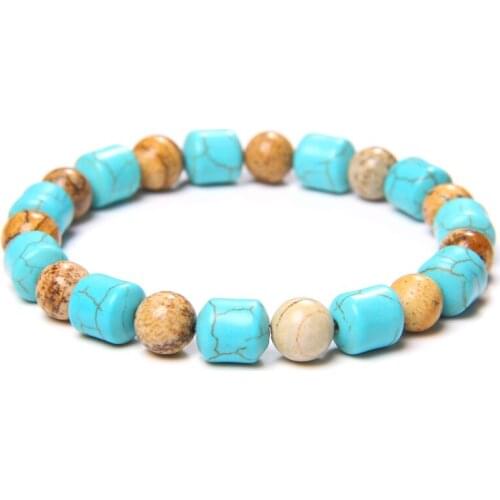 Round Tube Natural Blue Turquoises Stone Beads Bracelet 8mm Vintage Picture Jaspers Stone Charm Bracelet Jewelry for Women Men