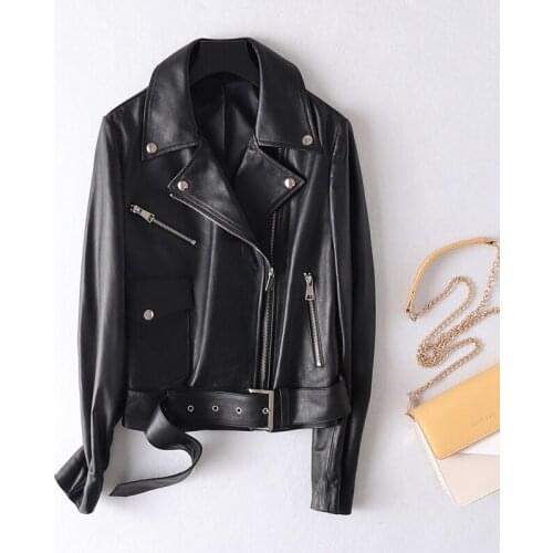 Motorcycle Black Jacket Women Genuine Lambskin Real Leather Coat Ladies Short Overcoat Streetwear Autumn Female Clothes