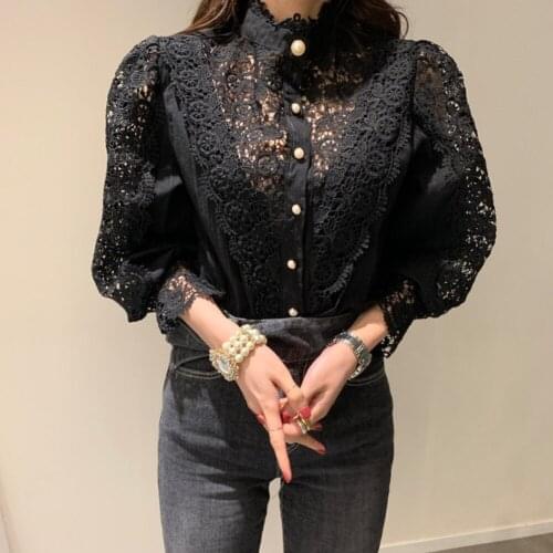 Fashion White Shirt Female Blouse Chic Women Lace Sheer Blouse Office Lady Long Sleeve Top Shirt Blouse