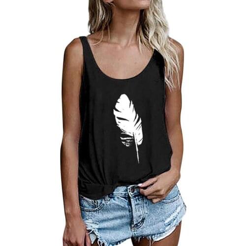 Casual Summer Feather Print Women Round Neck Sleeveless Vest T-Shirt Tank Top