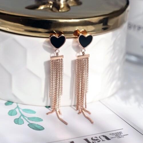 YUN RUO 2019 Fashion Heart Tassel Stud Earring Rose Gold Color Woman Birthday Gift Titanium Steel Jewelry Never Fade Drop Ship