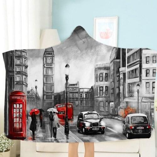 Custom London Street Bus Print Hooded Plush Throw Blanket Retro Buildings Home Sherpa Fleece Warm Blanket Couch Cover Blanket