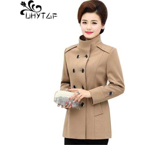 UHYTGF Spring autumn trench coat fashion double-breasted elegant femme coats stand collar casual plus size Windbreaker women 577