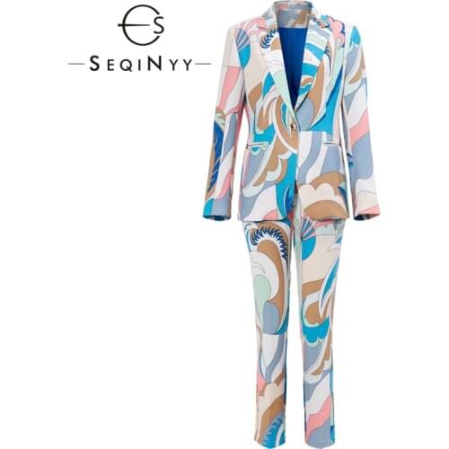 SEQINYY High Quality Suit Women Runway Boho 2020 Spring Autumn New Fashion Design Blazer + Midi Pants Blue Print Set